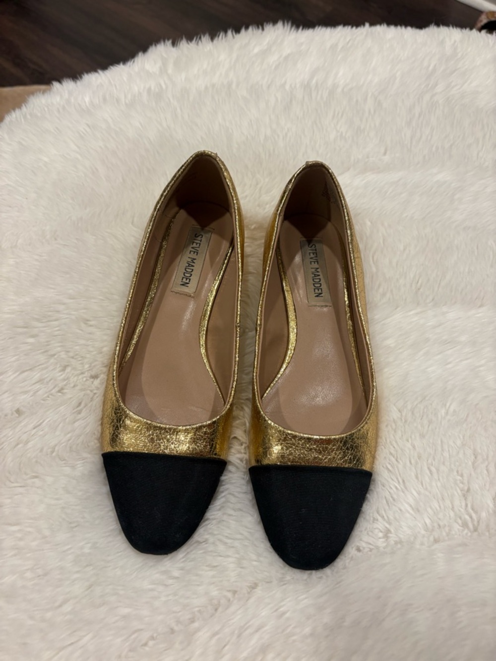 Steve Madden Metallic Gold Flats with Black Cap Toe